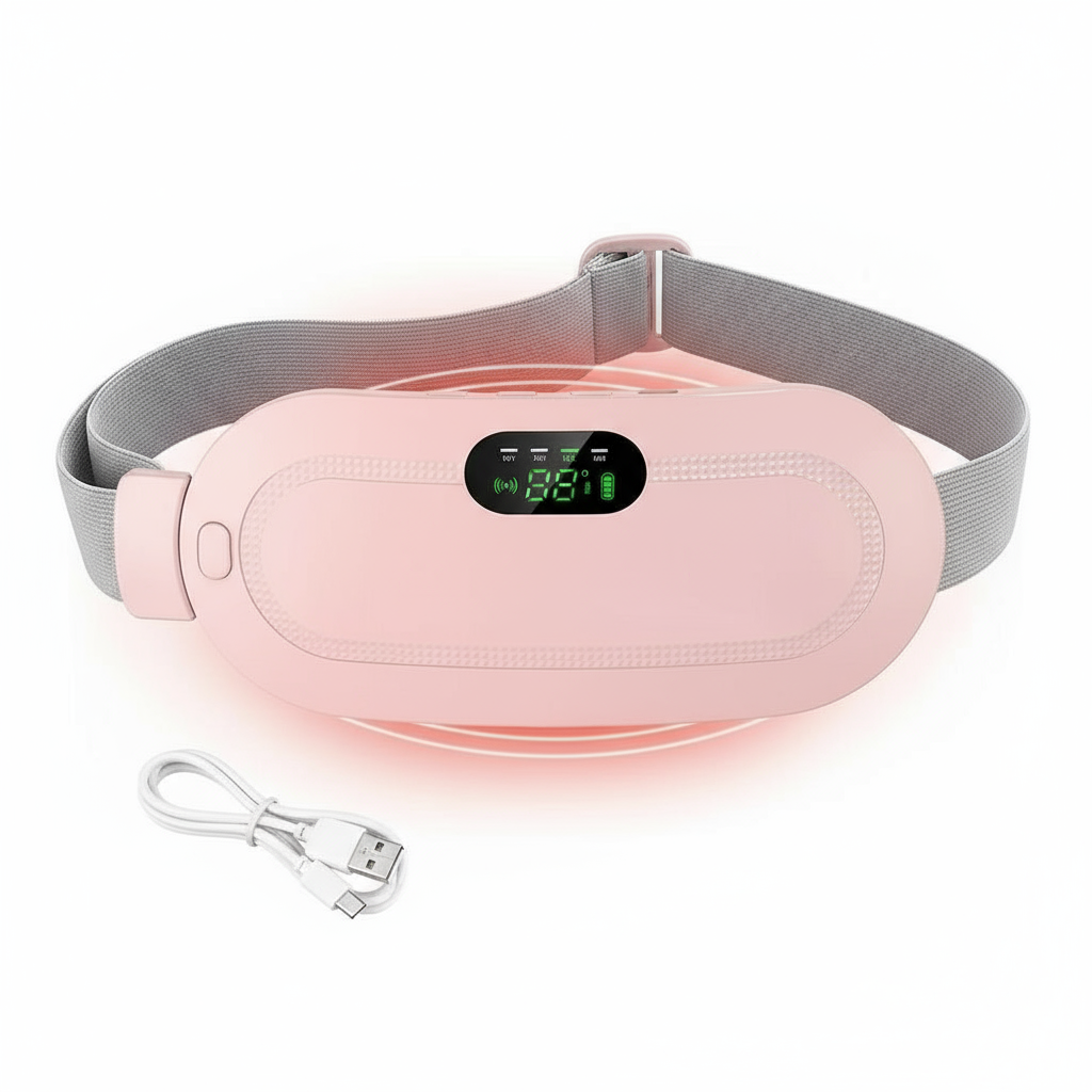 Mujer usando cinturón térmico eléctrico para alivio de cólicos menstruales - dispositivo de masaje y calor inteligente