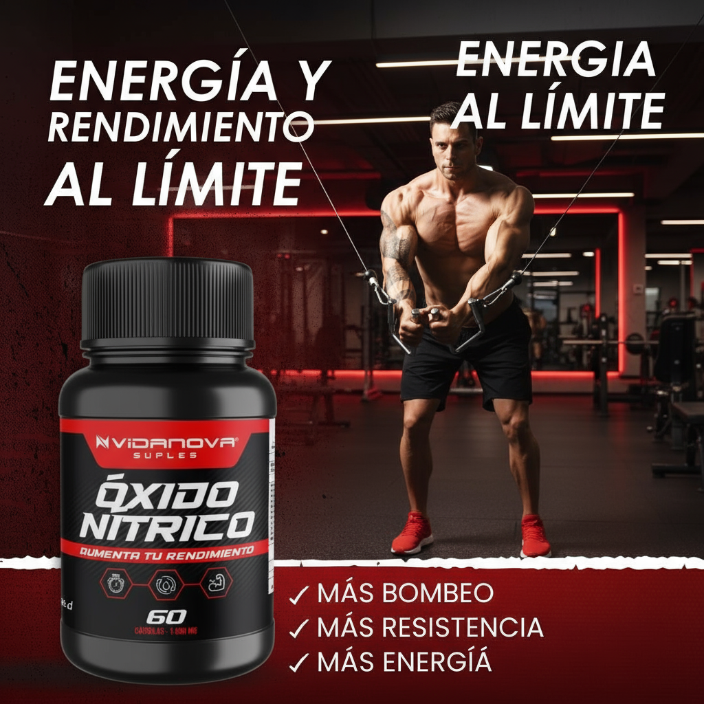 Óxido Nítrico VidaNova 1000mg - 60 Cápsulas - Aumenta Rendimiento y Bombeo Muscular