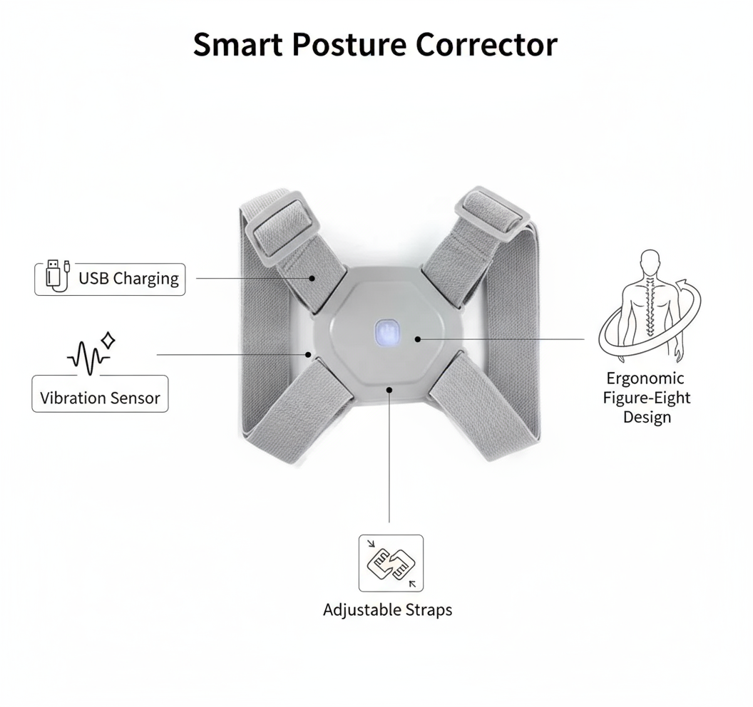 Corrector de Postura Inteligente con Sensor de Vibración - Recargable USB - Ajustable Adultos y Niños